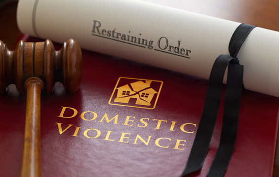 Book of law with a gavel and a Restraining Order as the Law with respect to family-related, domestic violence.