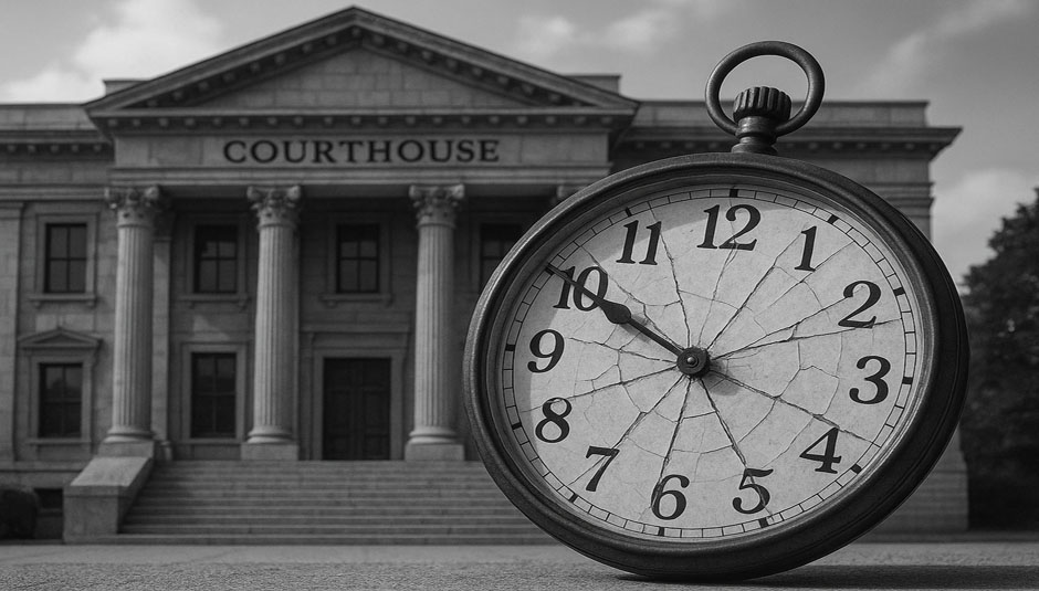 Courthouse building in background with a broken clock in foreground representing court delays.